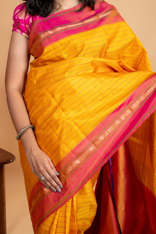 Borderless Yellow and Double Tone Pink Silk Saree