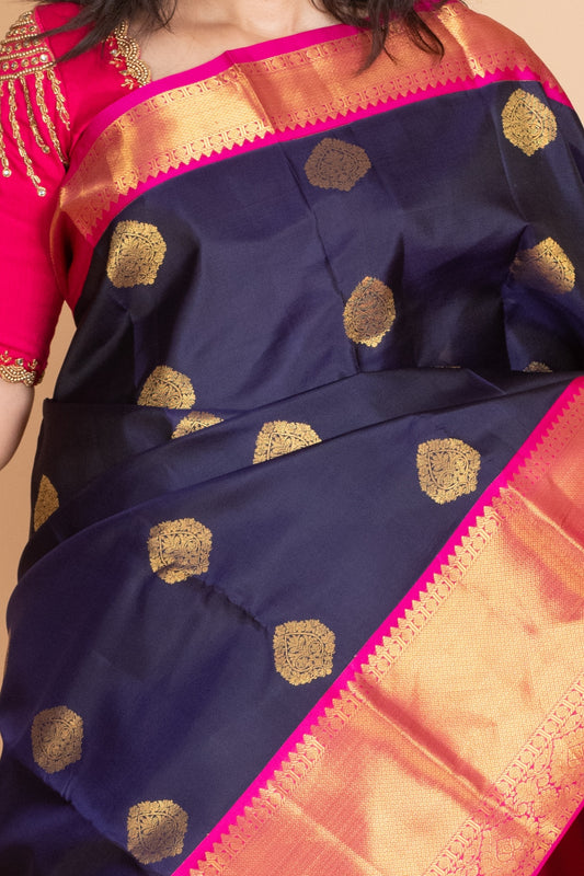 Navy Blue and Rani Pink Kanjivaram Pattu Saree
