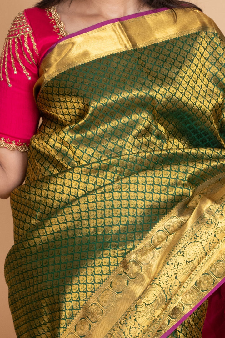 Forest Green and Rani Pink Kanjivaram Pattu Saree