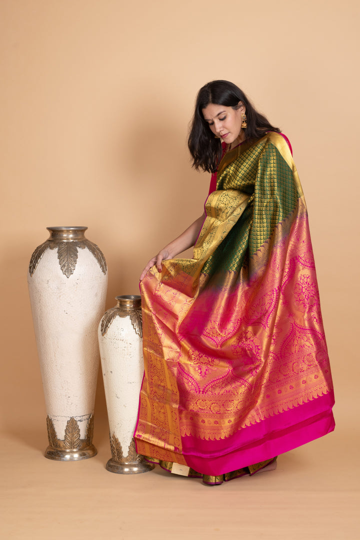 Forest Green and Rani Pink Kanjivaram Pattu Saree