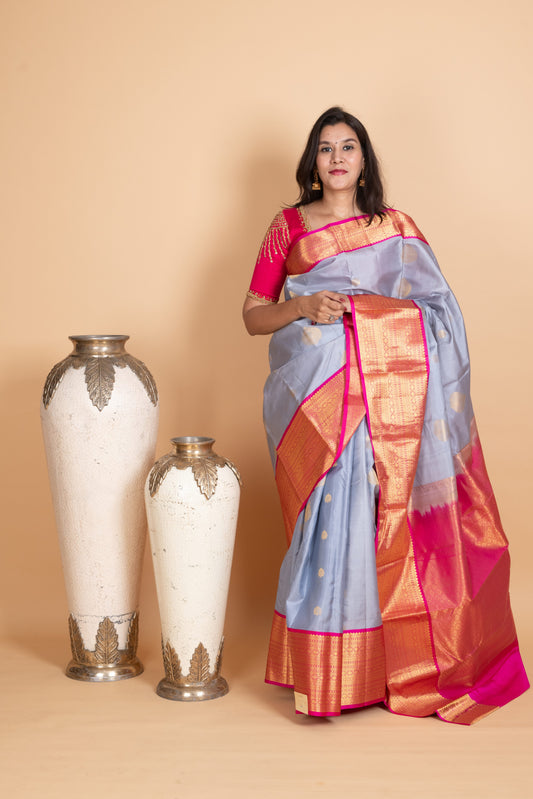 Coin Grey and Rani Pink Kanjivaram Pattu Saree