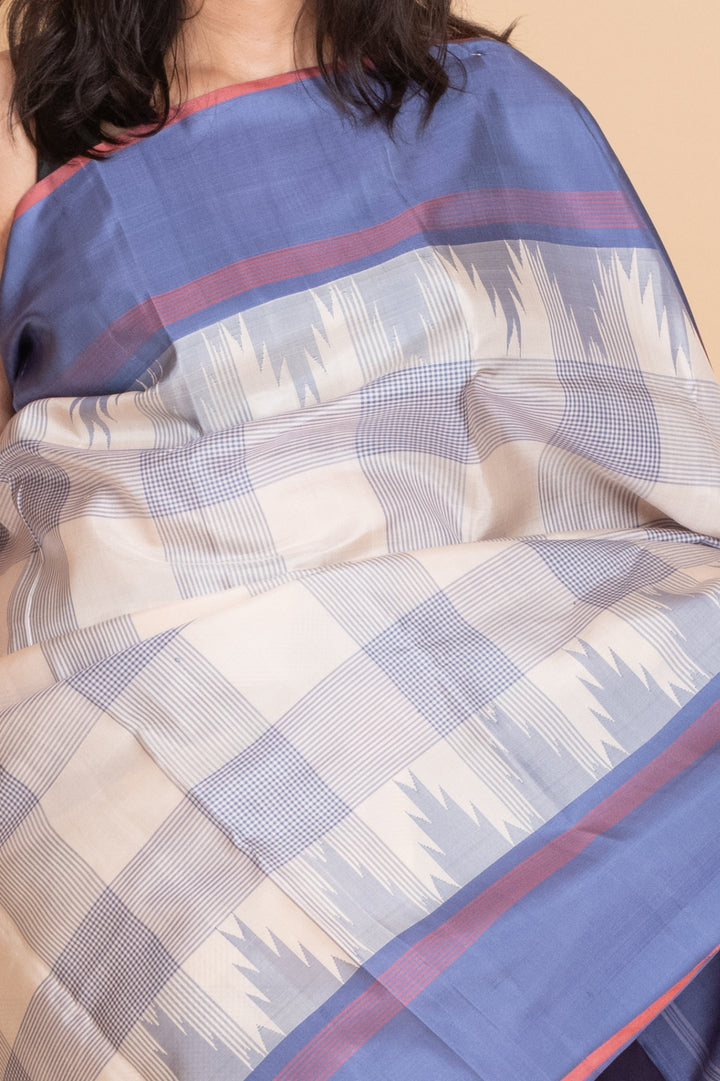 Bone White and Steel Blue Kanjivaram Pattu Saree