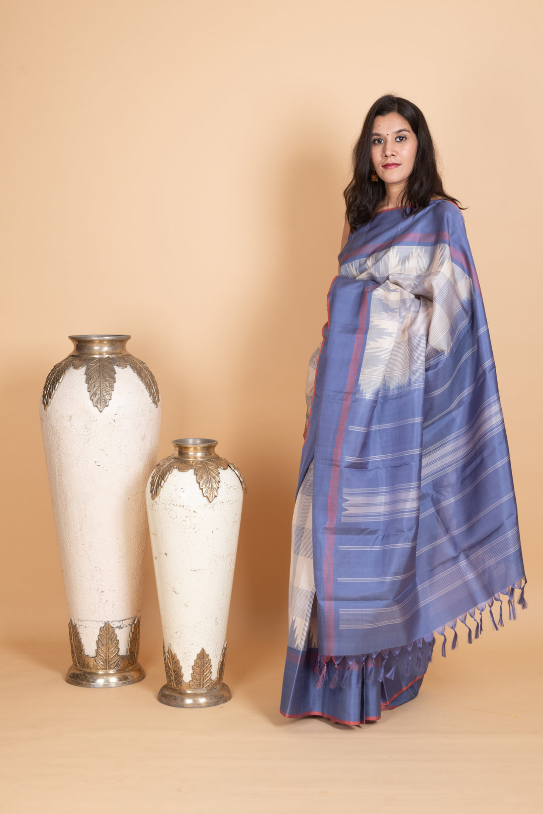 Bone White and Steel Blue Kanjivaram Pattu Saree