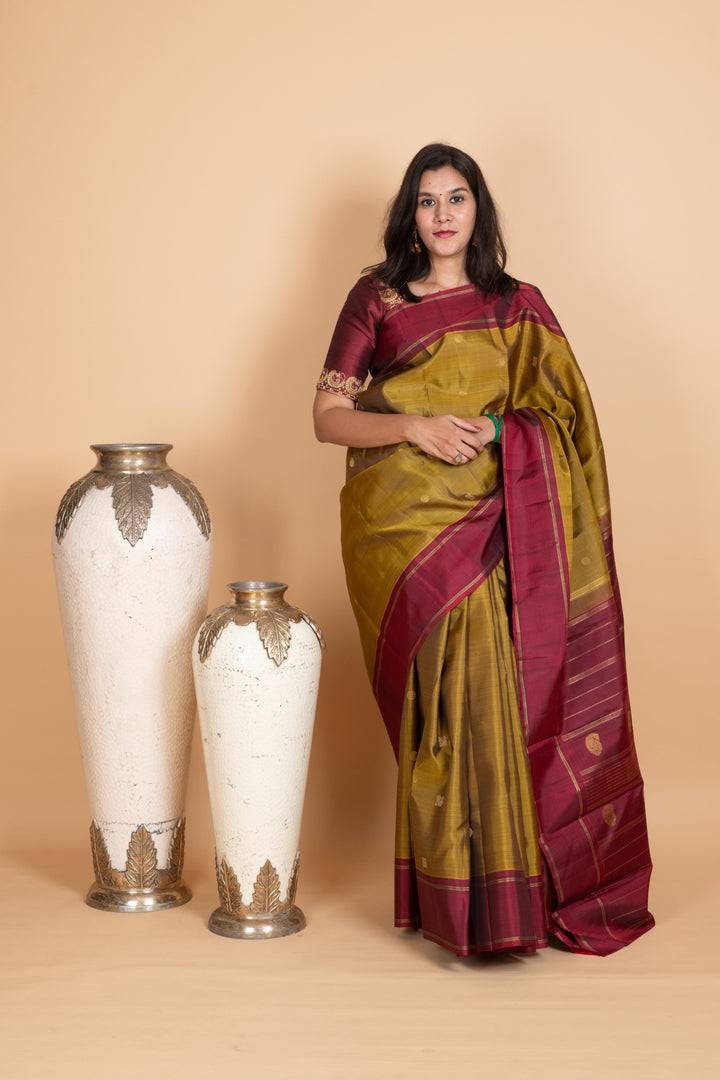 Golden Moss Green Pure Zari Silk Saree
