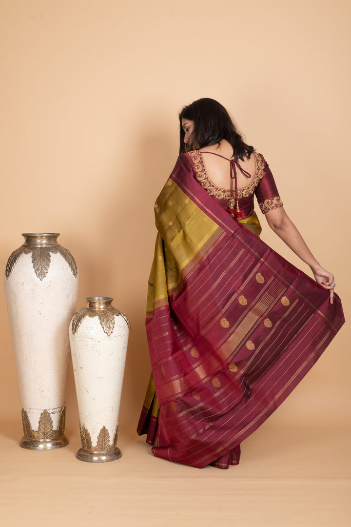 Golden Moss Green Pure Zari Silk Saree