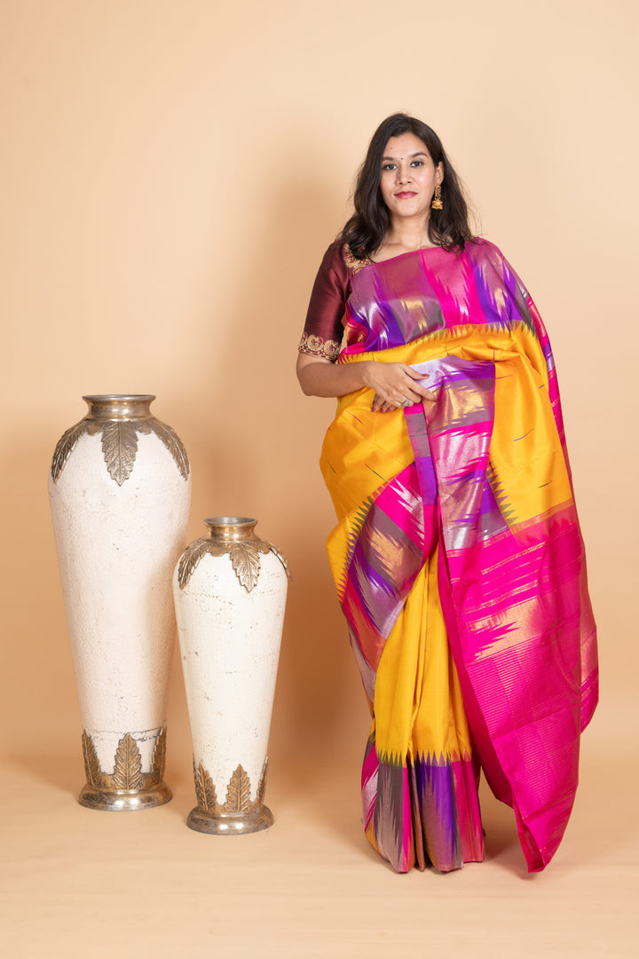 Tuscany Yellow Multi Colour Temple border Silk Saree