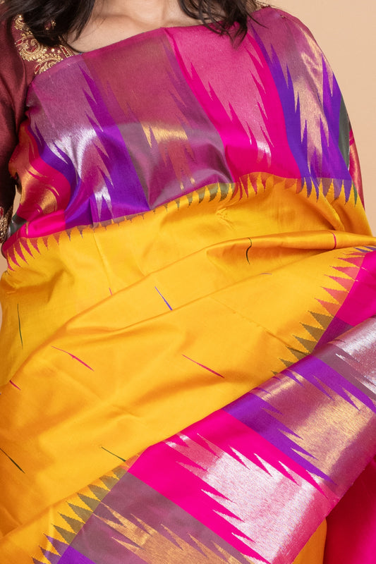 Tuscany Yellow Multi Colour Temple Broder Silk Saree