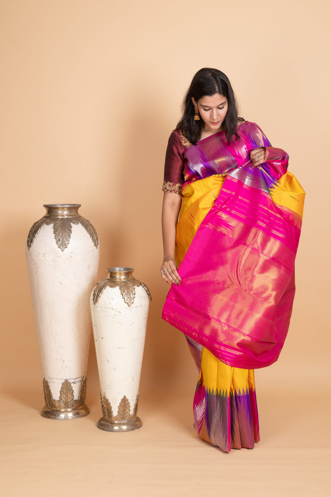Tuscany Yellow Multi Colour Temple border Silk Saree