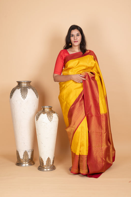 School Bus Yellow and Red Silk Saree