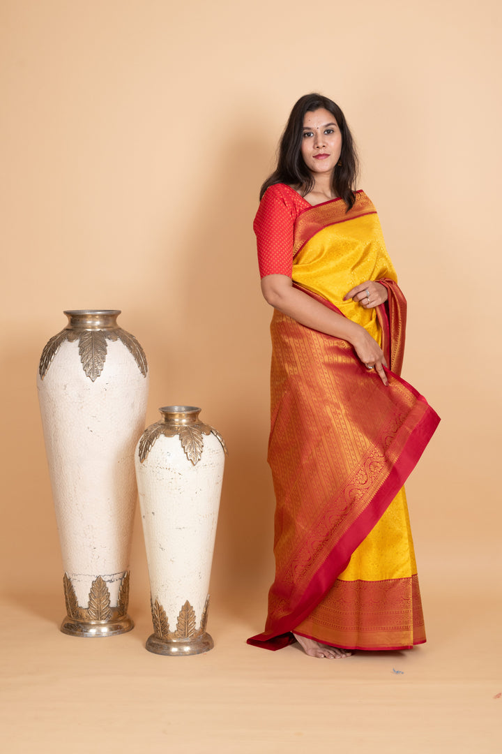 School Bus Yellow and Red Silk Saree