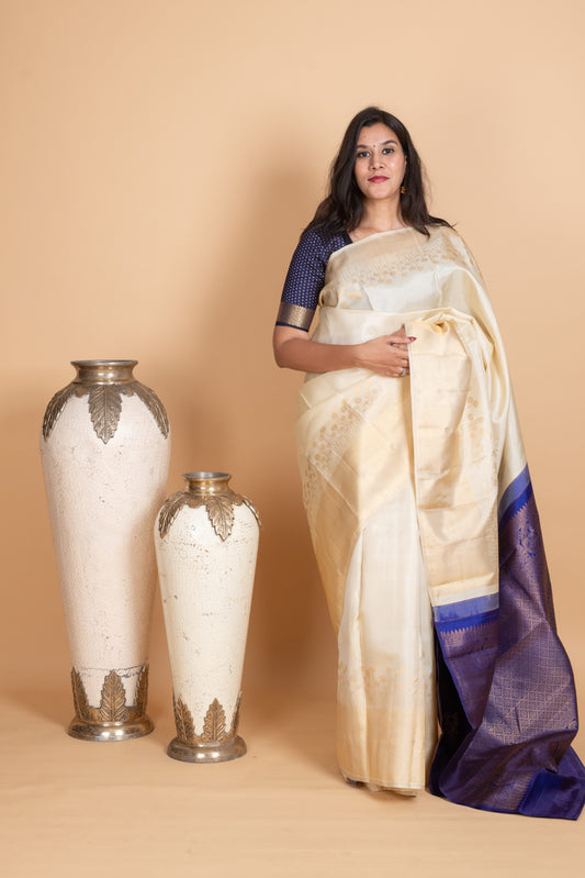 Egg Shell and Royal Blue Pure Kanjivaram Silk Saree