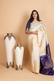 Egg Shell and Royal Blue Pure Kanjivaram Silk Saree