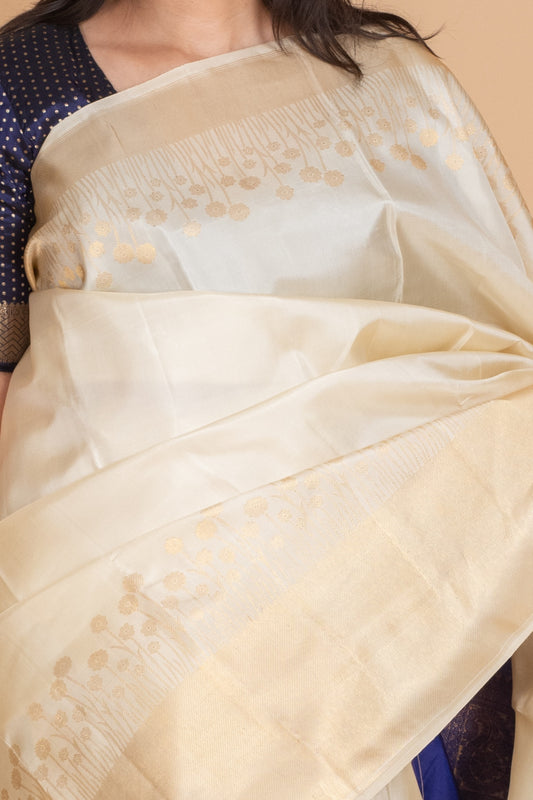 Egg Shell and Royal Blue Pure Kanjivaram Silk Saree