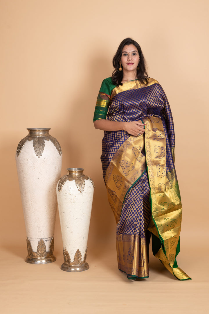 Midnight Blue and Forest Green Pure Kanjivaram Silk Saree
