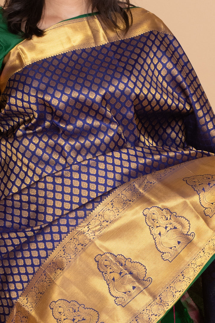 Midnight Blue and Forest Green Pure Kanjivaram Silk Saree