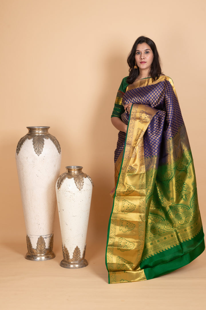 Midnight Blue and Forest Green Pure Kanjivaram Silk Saree