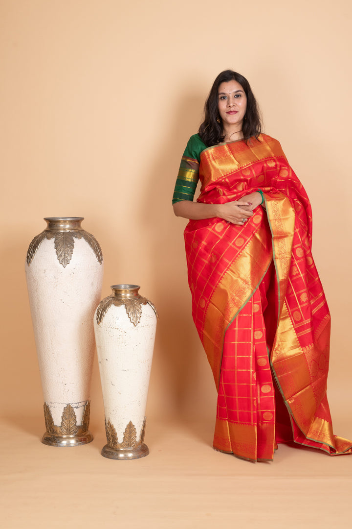 Vermillion Red Pure Kanjivaram Silk Saree