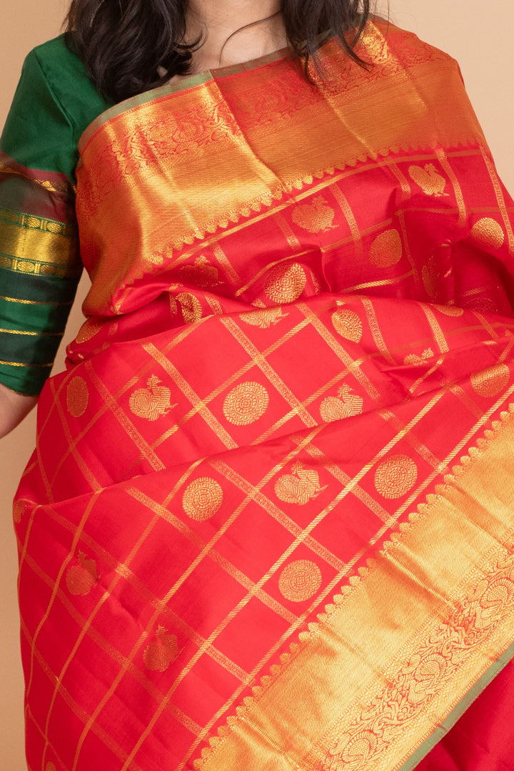 Vermillion Red Pure Kanjivaram Silk Saree
