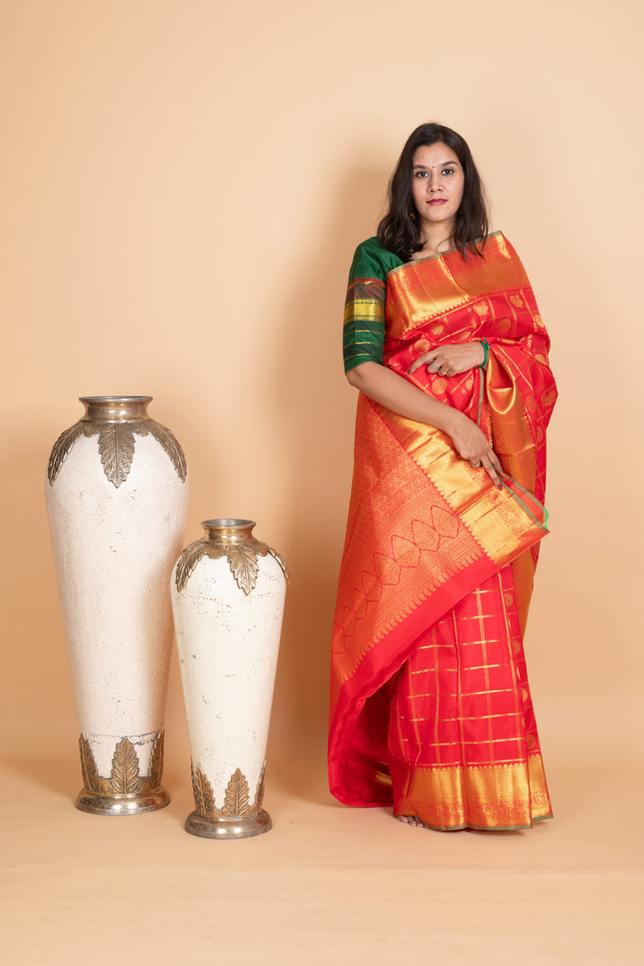 Vermillion Red Pure Kanjivaram Silk Saree