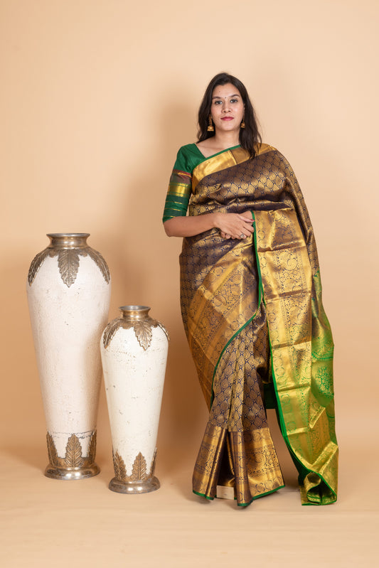 Navy Blue and Forest Green Pure Kanjivaram Silk Saree