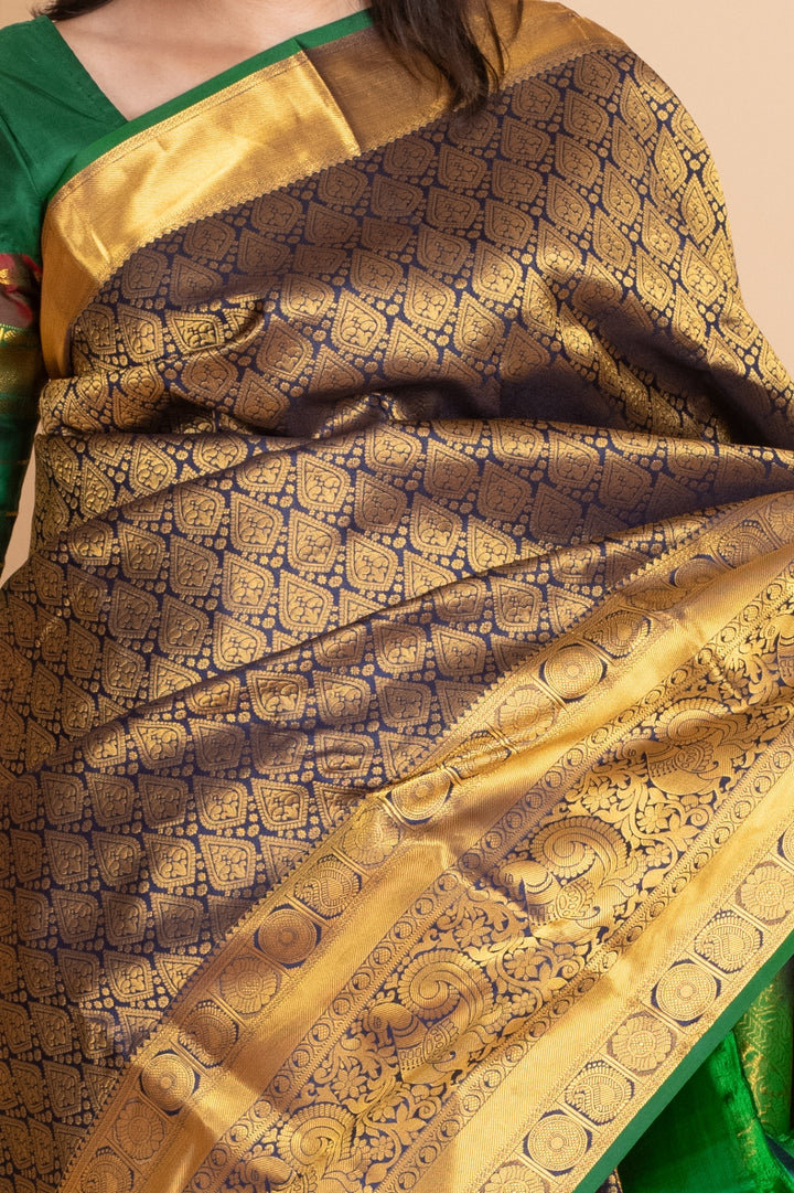Navy Blue and Forest Green Pure Kanjivaram Silk Saree