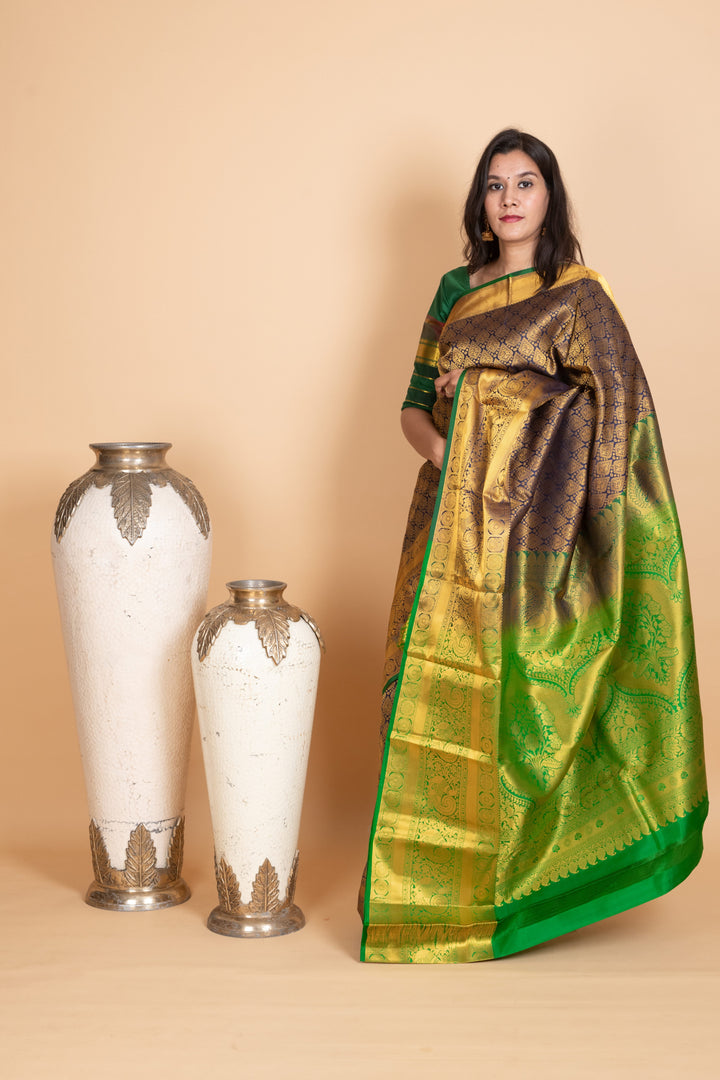 Navy Blue and Forest Green Pure Kanjivaram Silk Saree