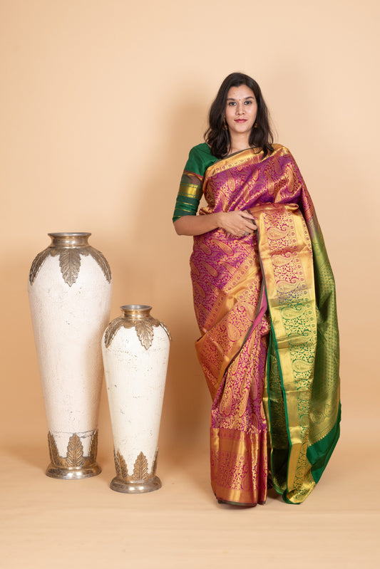 Magenta and Forest Green Pure Kanjivaram Silk Saree
