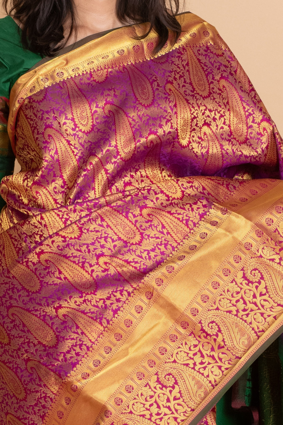 Magenta and Forest Green Pure Kanjivaram Silk Saree