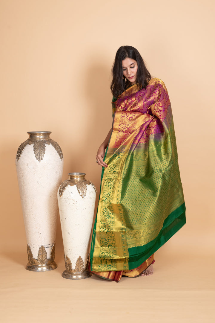 Magenta and Forest Green Pure Kanjivaram Silk Saree