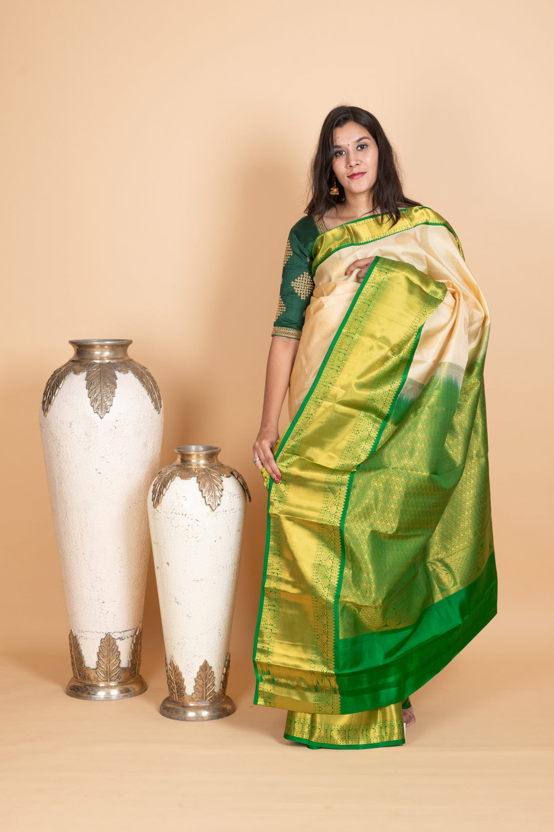 Parchment White and Emerald Green pure Kanjivaram Silk Saree
