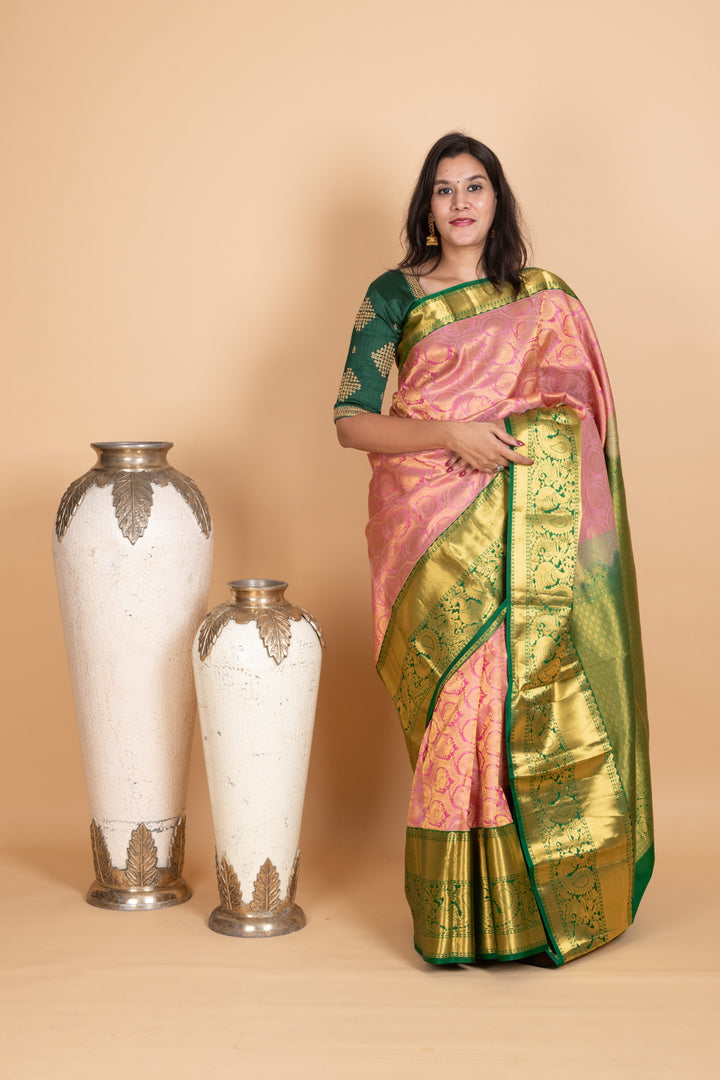 Delicate Rose and Forest Green Pure Kanjivaram Silk Saree