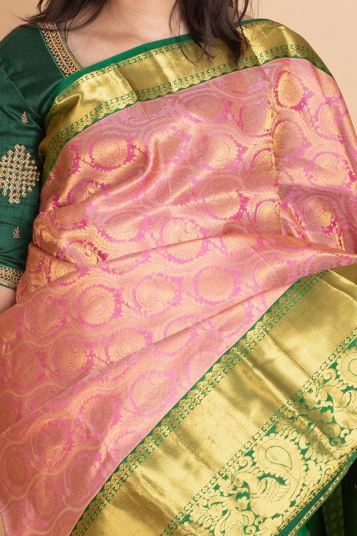 Delicate Rose and Forest Green Pure Kanjivaram Silk Saree