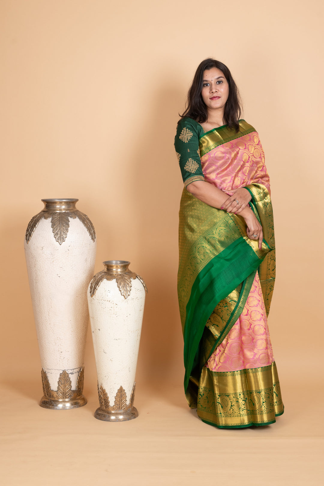 Delicate Rose and Forest Green Pure Kanjivaram Silk Saree