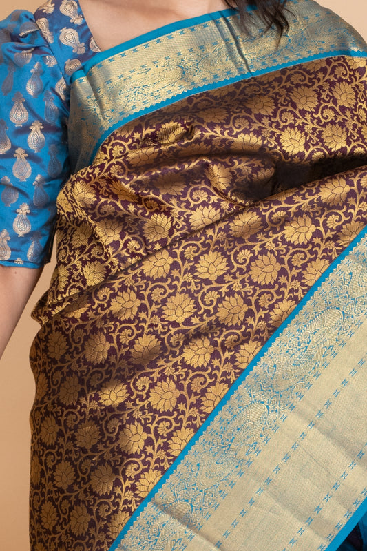 Chocolate Brown and Deep Sky Blue Pure Kanjivaram Silk Saree