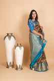 Chocolate Brown and Deep Sky Blue Pure Kanjivaram Silk Saree