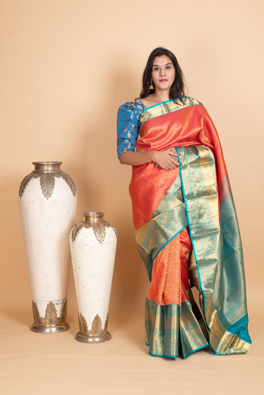 Dazzle Pink and Aqua Blue Pure Kanjivaram Silk Saree