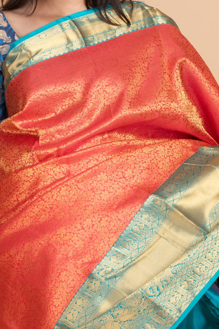 Dazzle Pink and Aqua Blue Pure Kanjivaram Silk Saree