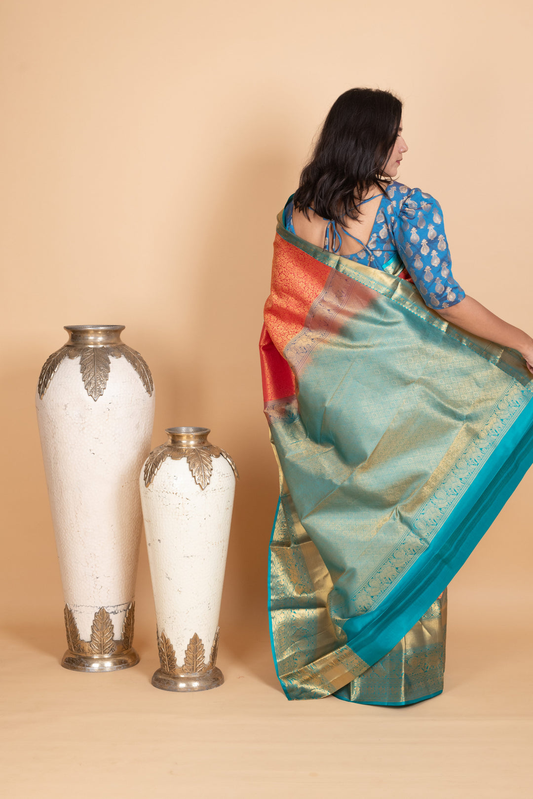 Dazzle Pink and Aqua Blue Pure Kanjivaram Silk Saree