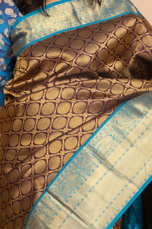 Chocolate Brown and Deep Sky Blue Pure Kanjivaram Silk Saree