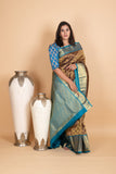 Chocolate Brown and Deep Sky Blue Pure Kanjivaram Silk Saree