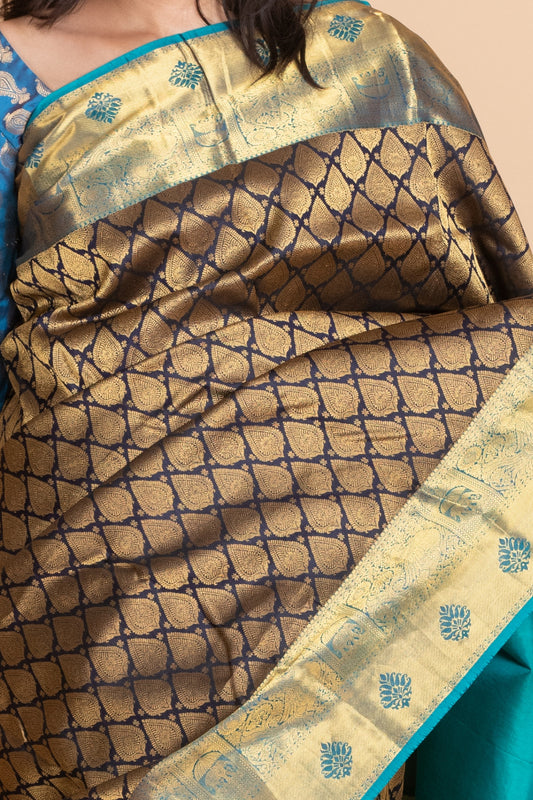 Navy Blue and Aqua Blue Pure Kanjivaram Silk Saree