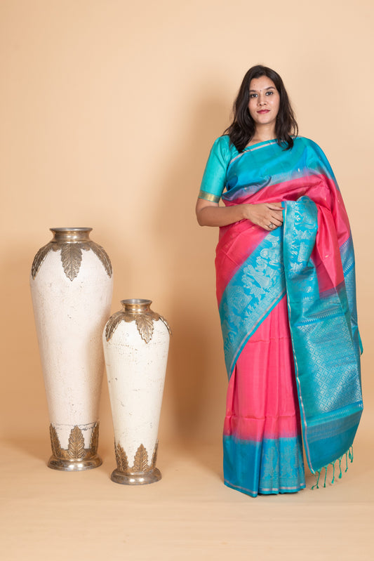 Fandango Pink and Aqua Blue Pure Soft Silk Saree