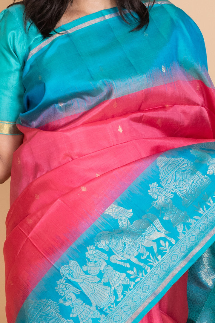 Fandango Pink and Aqua Blue Pure Soft Silk Saree