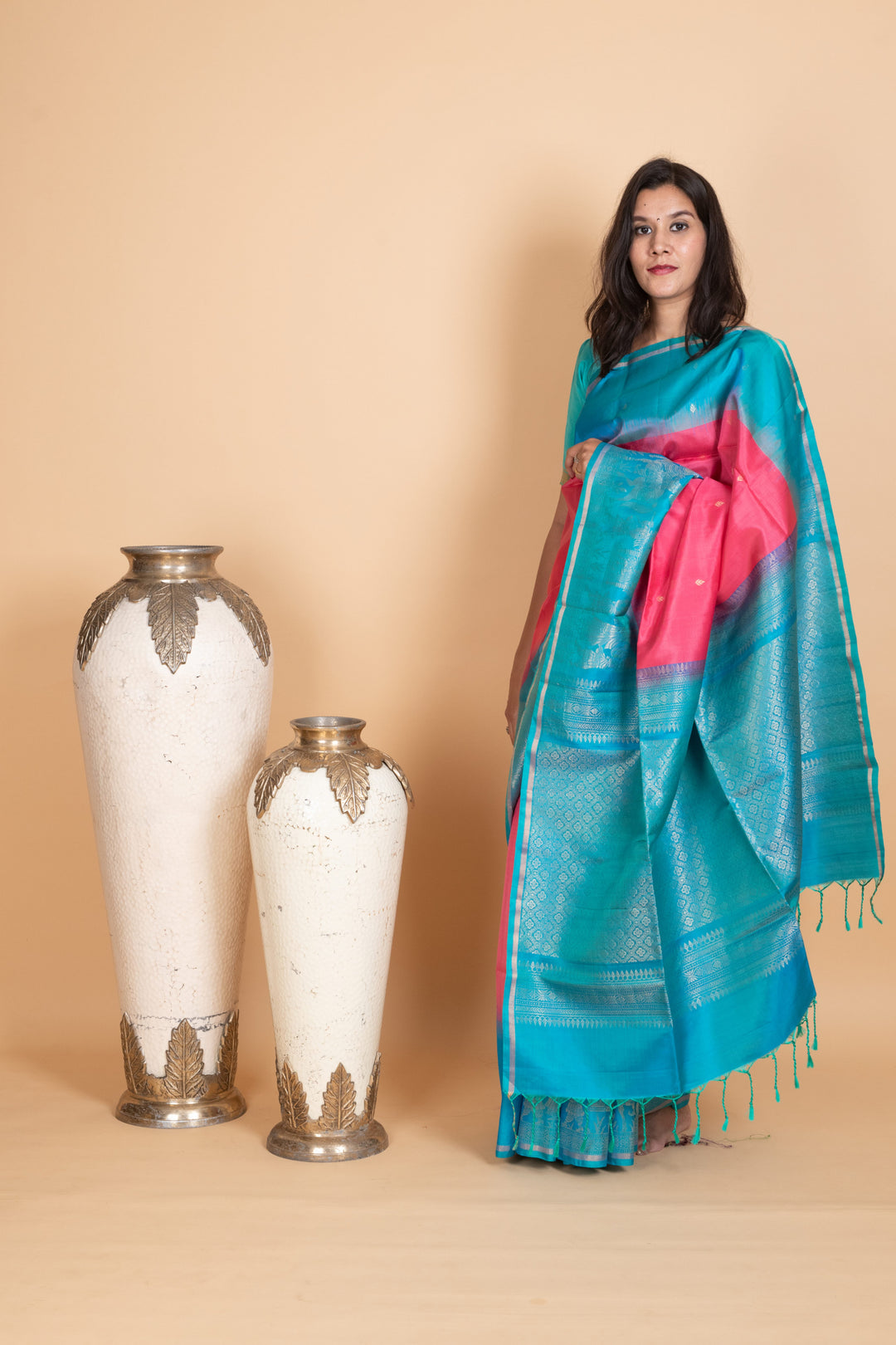 Fandango Pink and Aqua Blue Pure Soft Silk Saree