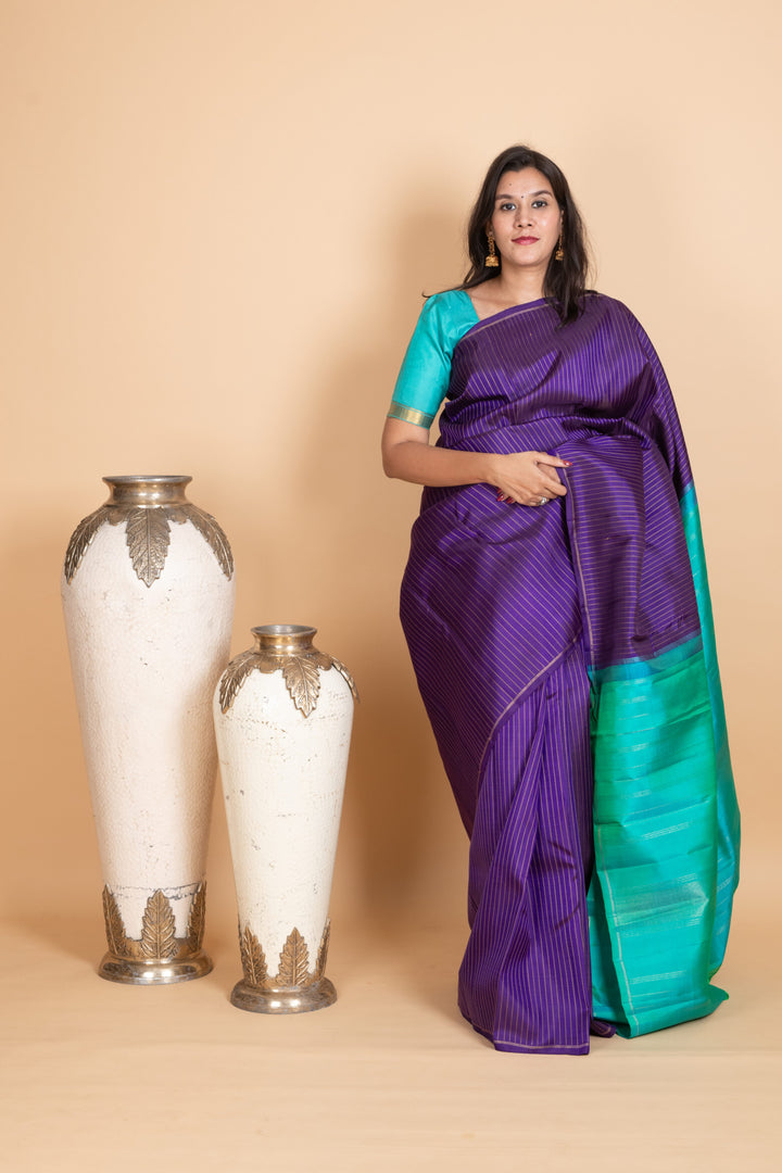 Berry Blue and Turquoise Blue Pure Kanjivaram Silk Saree