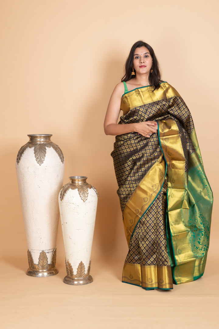Navy Blue and Emerald Green Pure Kanjivaram Silk Saree