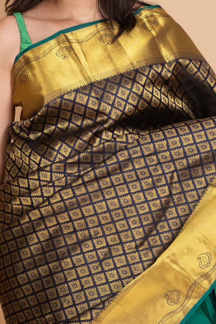 Navy Blue and Emerald Green Pure Kanjivaram Silk Saree