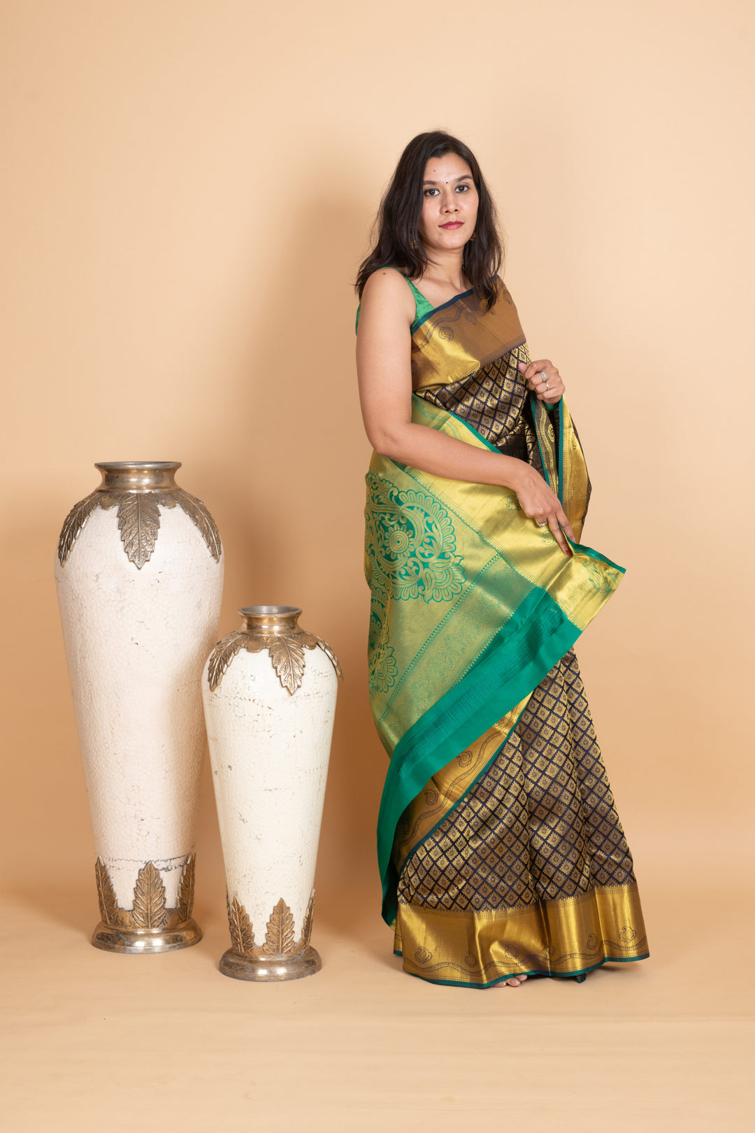Navy Blue and Emerald Green Pure Kanjivaram Silk Saree