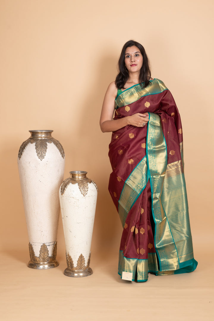 Burnt Maroon and Turquoise Blue Pure Kanjivaram Silk Saree