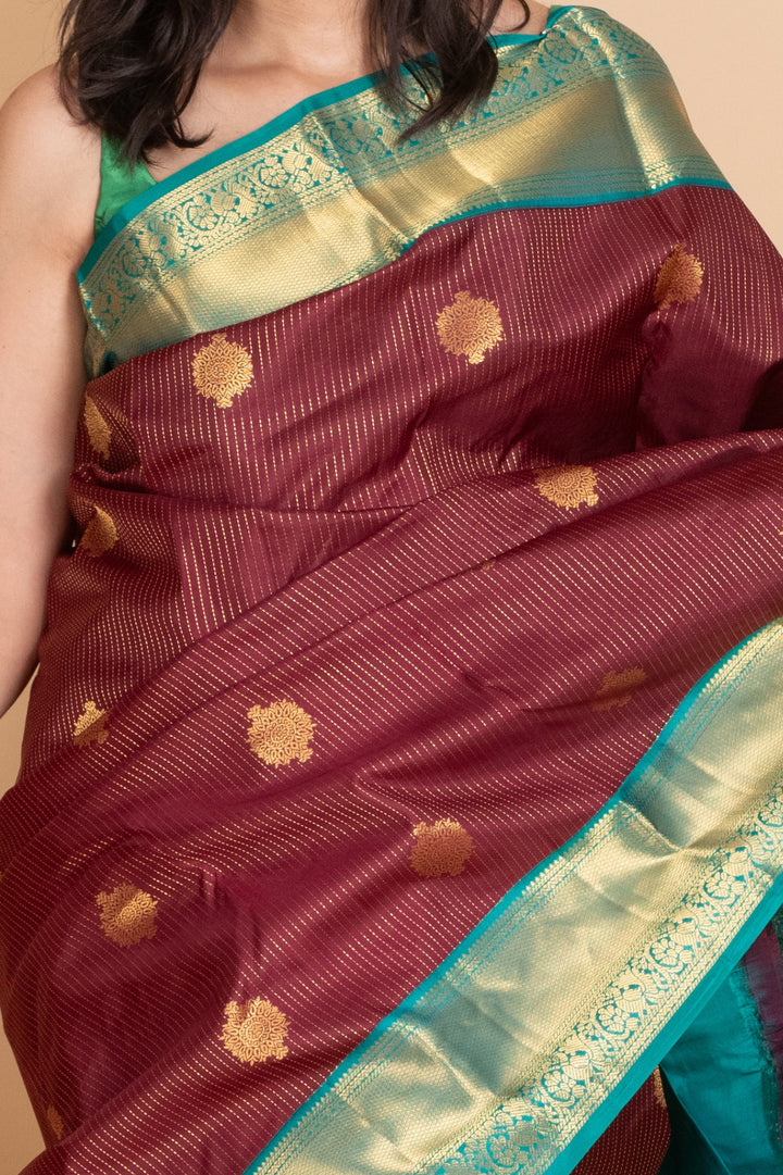 Burnt Maroon and Turquoise Blue Pure Kanjivaram Silk Saree